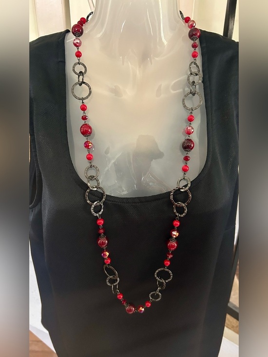 Premier Jewelry - Red Beaded Long Necklace with Textured Rings​